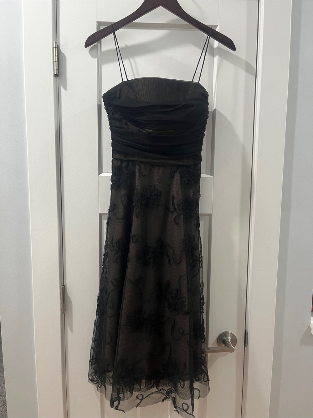 Eliza J New York Size 4 Black Spaghetti Strap Evening Dress 3D flowers Mesh EUC